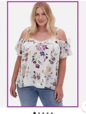 torrid White Floral Cold-Shoulder Camisole with Lace Trim